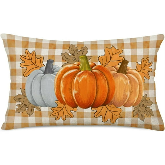 Orange Buffalo Plaid Pumpkin Autumn Maple Leaves Throw Pillow Cover 12x20 Inch Harvest Fall Decor Lumbar Pillow Cases Vintage Rectangular Cushion Cover Thanksgiving Day Gifts