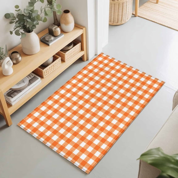 Orange Buffalo Plaid Rectangle Area Rug 2x3ft,Living Room Rug Non-Slip Washable Circle Rugs Pad,Classic Gingham Check Watercolor Soft Floor Carpet for Bedroom Dining Room