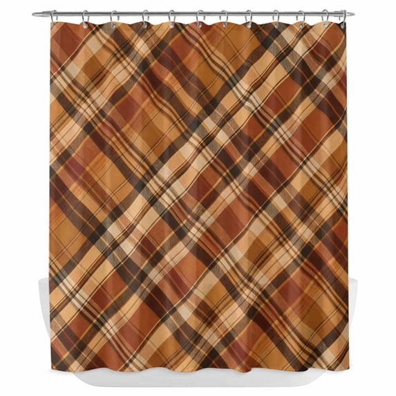 Orange Buffalo Plaid Shower Curtain - Water Repellent Fabric Shower Curtains Washable, Fall Thanksgiving Checkered Decorative Polyester Cloth Bathroom Curtains Modern Bath Decor 72"x72"