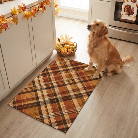 Orange Buffalo Plaid Small Area Rug 2x3 Ft, Bathroom Rugs Washable Kitchen Rug Runner, Fall Thanksgiving Checkered Non Slip Indoor Outdoor Rugs Welcome Front Door Mat Carpet for Entryway Sink