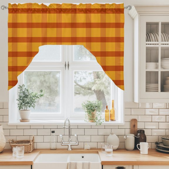 Orange Buffalo Plaid Swag Curtain Valance for Windows, Autumn Thanksgiving Day Swag Curtains Drapes Rod Pocket for Kitchen Bathroom Small Window, 1 Panel 56x36in