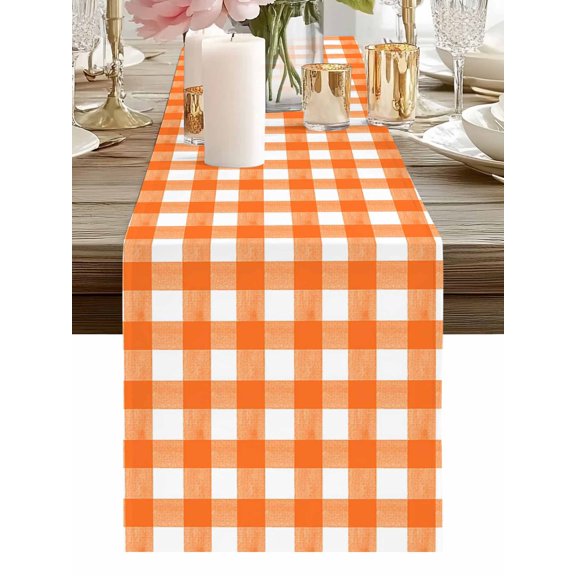 Orange Buffalo Plaid Table Runner-36 Inch Long Classic Gingham Check Watercolor Table Runners Linen Burlap Tablerunner for Kitchen Dining Room Holiday Party