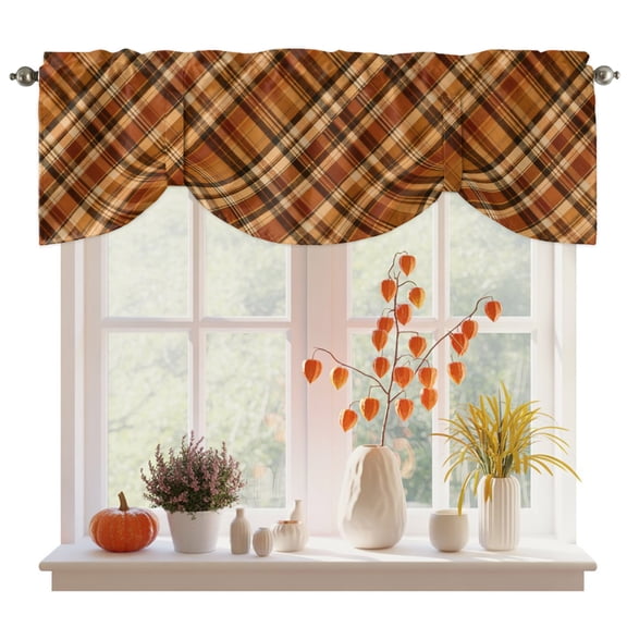 Orange Buffalo Plaid Tie Up Valance Curtains for Windows, Kitchen Curtains Window Treatments, Fall Thanksgiving Checkered Short Window Shades Valances for Bedroom Bathroom Cafe 42"x12"