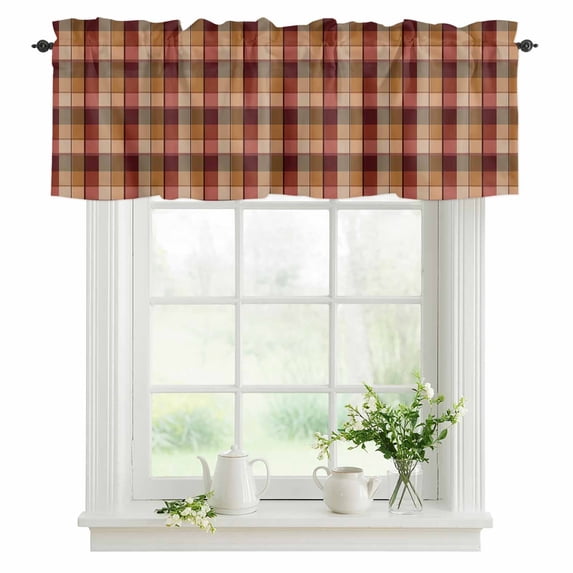 Orange Buffalo Plaid Valances for Windows, Rod Pocket Kitchen Valance Curtains - Soft & Washable Small Window Treatment for Living Room, Bathroom, Red Orange Geometric Check 54x18inch, 1 Panel