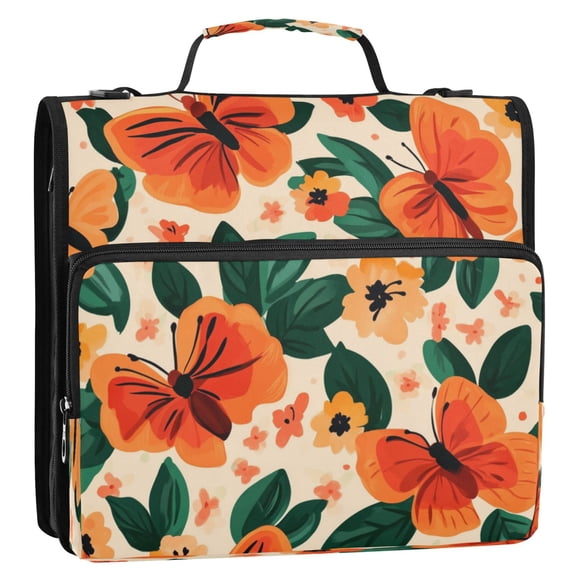 Orange Butterflies and Flowers 3-Ring Binder Bag 13.6x12.4x3.5in Water-Resistant Canvas for School or Office Use