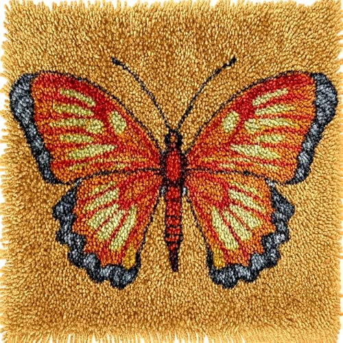 Orange Butterfly Latch Hook kits Mini Rug DIY Handmade Crochet Yarn Needlework Hook and Latch Kit Printed Canvas Carpet Cushion Cover Home Christmas Decoration 30x30cm