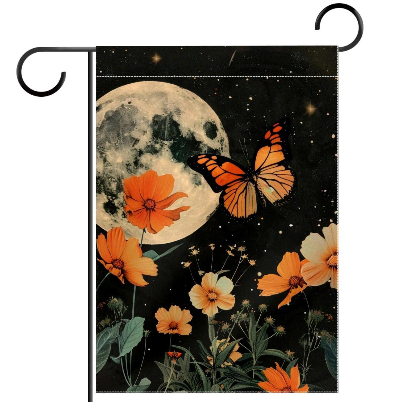 Orange Butterfly Moon Botanical Floral Plant Double Sided Garden Flag Decorative Weather Resistant Yard Flag, Large DIY Vertical Flag for Farmhouse Patio Lawn, 28x40 Inch