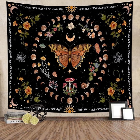Orange Butterfly Moon Flower Tapestry Wall Hanging,Boho Floral Plant Tapestries for Bedroom Living Room Dorm Decor,60"Wx50"L