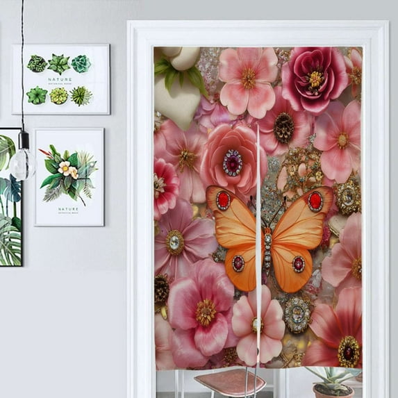 Orange Butterfly Pink Floral Gems Door Curtain Nordic Living Room DoorCurtain Porch Partition Curtain Kitchen Rative Half Curtain