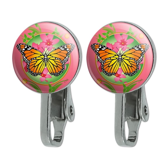 Orange Butterfly Pink Flowers Novelty Clip-On Stud Earrings