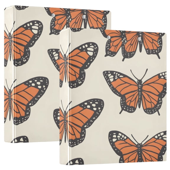 Orange Butterfly Print 12.4x10.6in PVC Round Ring Binder, D-Ring 3-Hole, Metal Clip, 200 Sheets