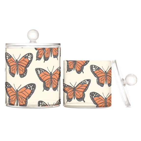 Orange Butterfly Print Translucent Plastic Cotton Swabs Canisters Large Medium Set