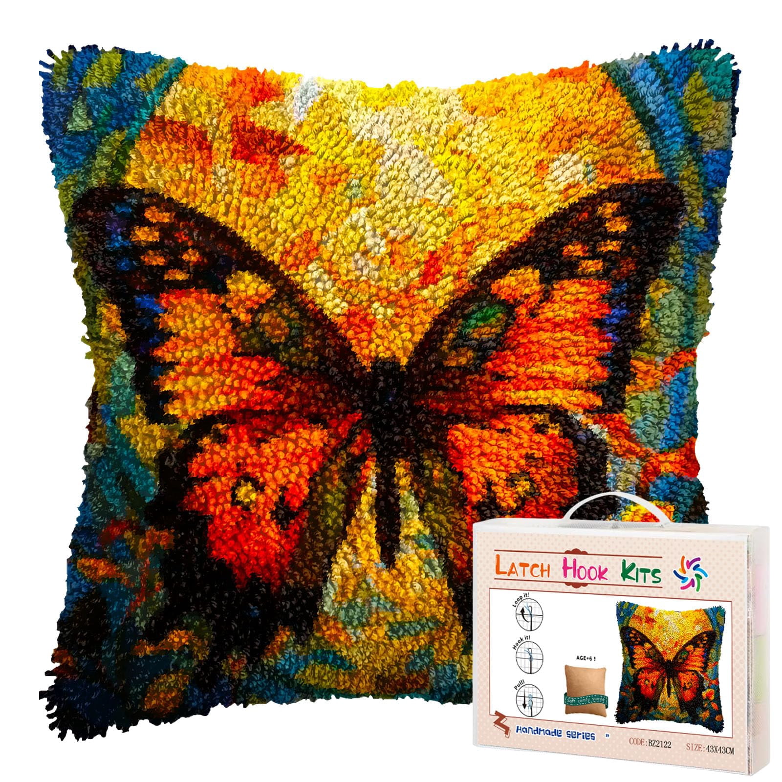 Orange Butterfly and Sunset DIY Latch Hook Pillow Kits for Adults Printed Pillowcase Crochet Yarns Hooking Handmade Pillow Cover Cushion for Home Sofa Decoration 17x17inch