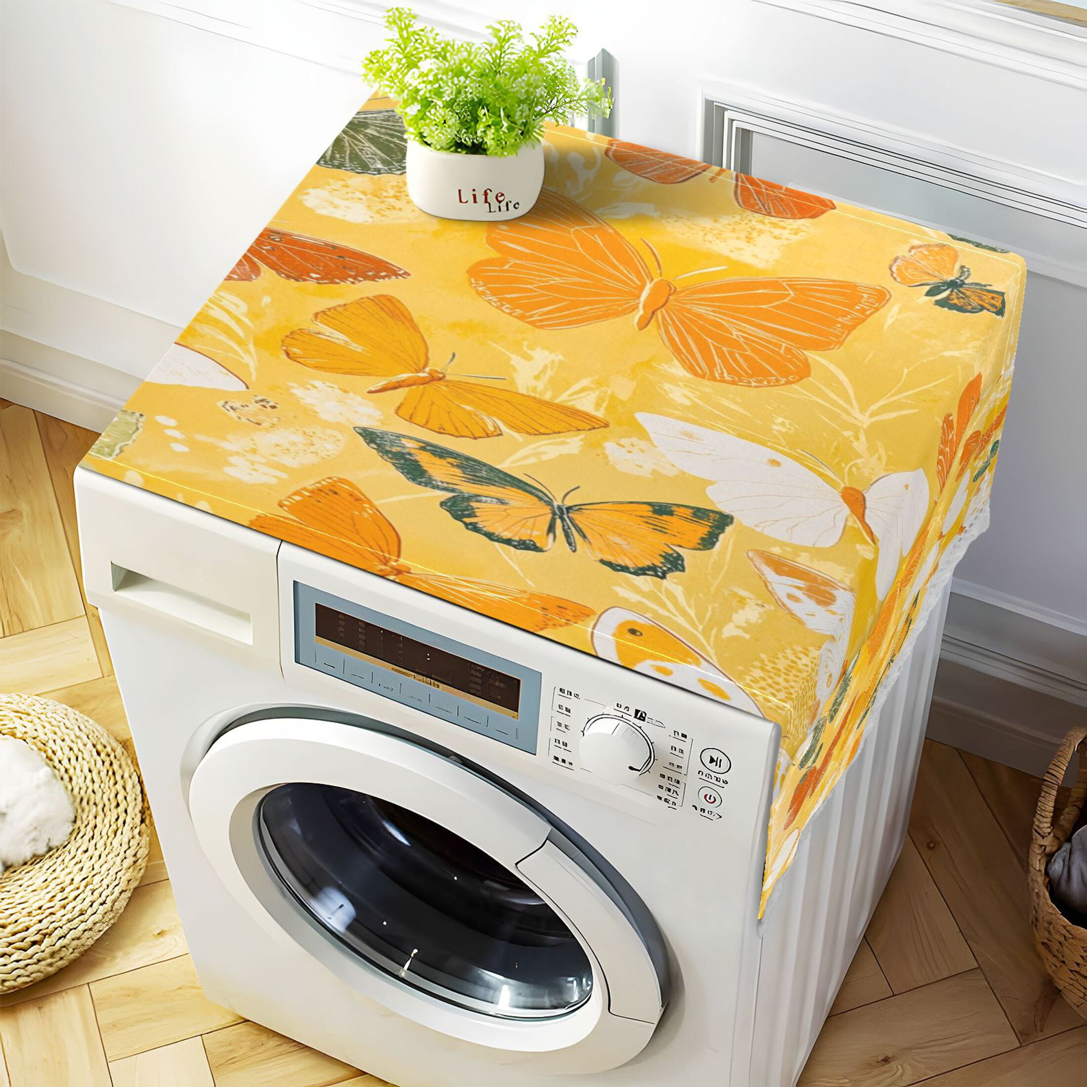 Orange ButterflyWasher and Dryer Covers Dust-Proof and Oil Resistant Fridge Cover with 4 Storage Pockets Washing Machine Top Cover for Laundry Kitchen Home 51.2 x 22 In