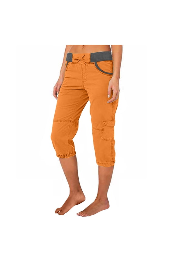 Orange Cargo Pants Women's Color Blocking Elastic Waist Multi Pocket Loose Work Casual Pants