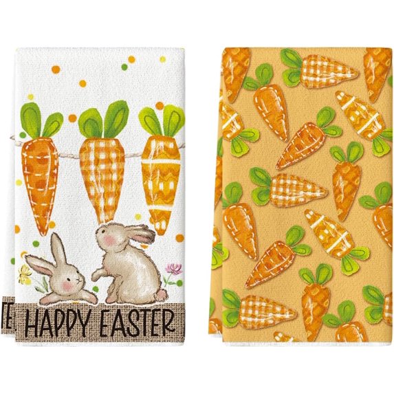 Orange Carrots Bunny Happy Easter Kitchen Towels Dish Towels, 18x26 Inch Spring Farmhouse Rabbit Decoration Hand Towels Set of 2