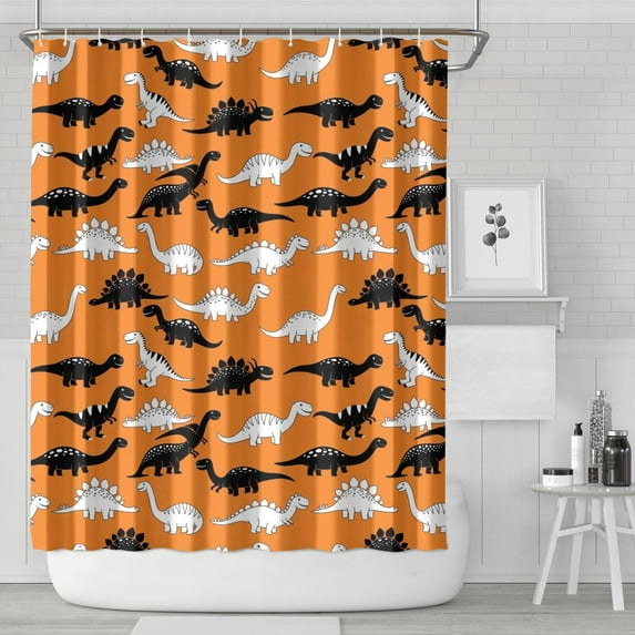 Orange Cartoon Black White Dinosaurs Pattern Shower Curtain 72"x84" ,Bathroom Decorative Shower Curtains Set with 12 Hooks,Modern Waterproof Washable Shower Curtain