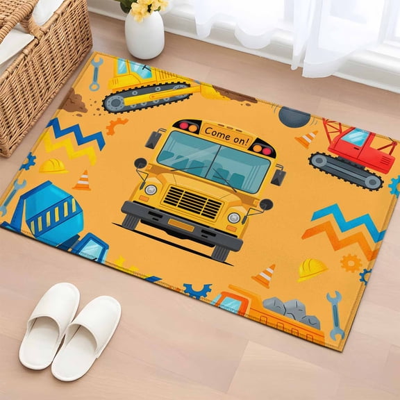 Orange Cartoon Truck Entryway Rug 2'x3'&nbsp; Non Slip Front Door Mats, Cute Engineering Vehicle Entrance Rugs Indoor Outdoor Carpet, Washable Floor Mats Small Area Rug for Bedroom Kitchen