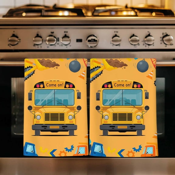 Orange Cartoon Truck Kitchen Towels Set of 1, Cute Engineering Vehicle Absorbent Dish Towels for Kitchen, Microfiber Hand Towel, Quick Drying Tea Towel for Cleaning Decorative Dishcloths