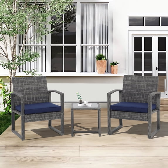 Orange-Casual 3 Piece Outdoor Modern Bistro Set, Wicker Conversation Set, Patio Rattan Chair Set, Patio Furniture Set with Coffee Table, Garden (Blue)