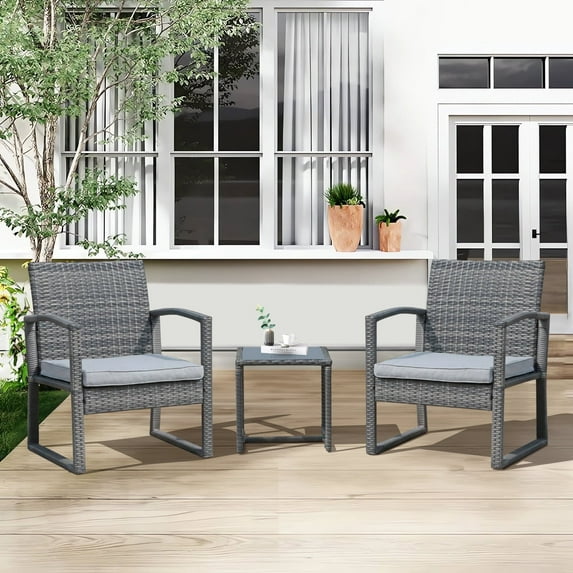 Orange-Casual 3 Piece Outdoor Modern Bistro Set, Wicker Conversation Set, Patio Rattan Chair Set, Patio Furniture Set with Coffee Table, Garden (Grey)