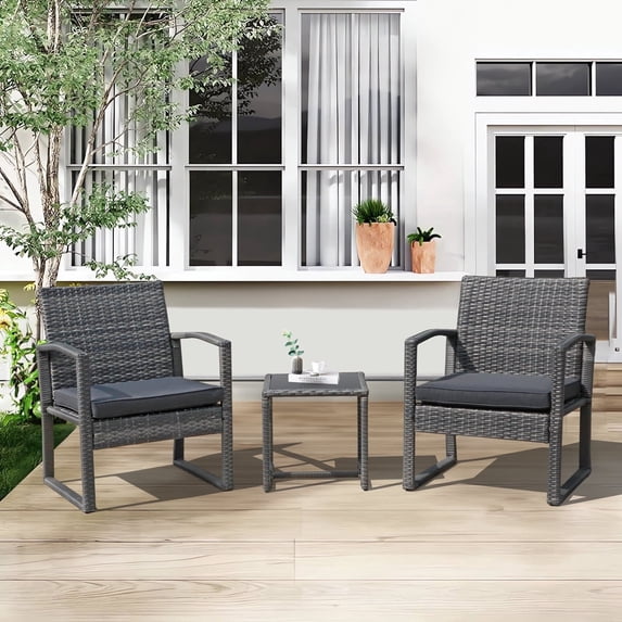 JOIVI 3 Piece Outdoor Modern Bistro Set, Wicker Conversation Set, Patio Rattan Chair Set, with Coffee Table, Garden (Dark Grey)