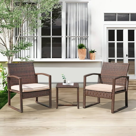 Orange-Casual 3-Piece Patio Bistro Set, Wicker Conversation Set, Patio Rattan Chair Set, Patio Furniture Set with Coffee Table, Garden Balcony Backyard Poolside (Brown)