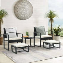 Orange-Casual 5-Piece Outdoor Furniture Set, Patio Steel Wicker Conversation Set, with Ottomans & Soft Washable Cushions, White