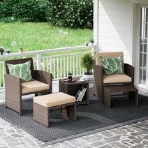 Orange-Casual Patio Conversation Set Balcony Furniture Set with Beige Cushions, Brown Wicker Chair with Ottoman, Steel, Wicker, Rattan