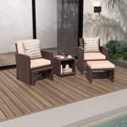 JOIVI Patio Conversation Set Balcony Furniture Set with Beige Cushions, Brown Wicker Chair with Ottoman, Steel, Wicker, Rattan