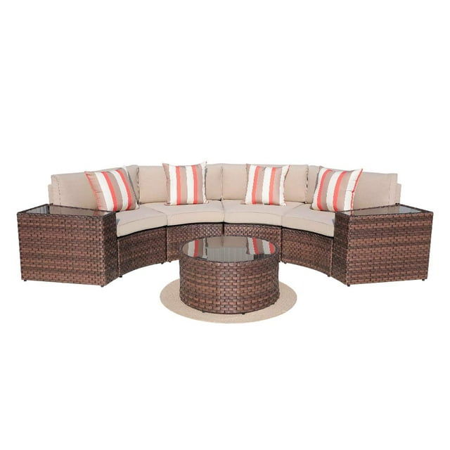 Orange-Casual Patio Furniture 7-Piece Sectional Set, Curved Sofa Set, Beige Cushion and Brown Wicker