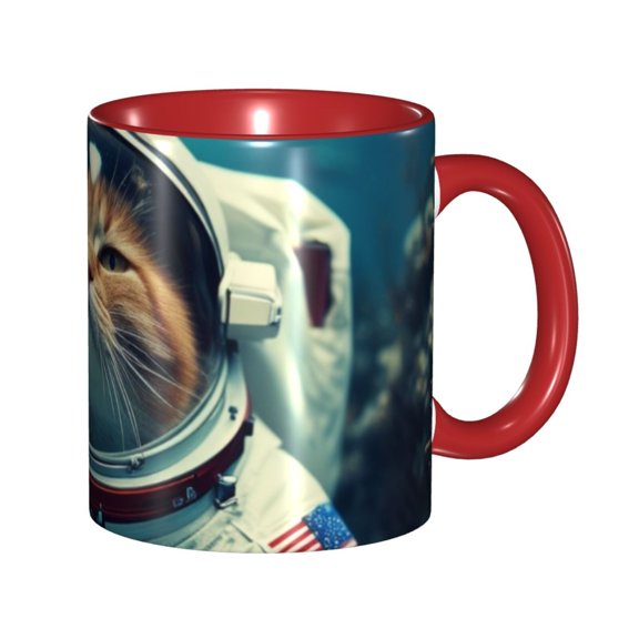 Orange Cat Astronaut Coffee Mug Fun Custom Ceramic Mugs 11oz Red