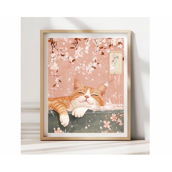 Orange Cat Bathroom Japandi Bathtub Wall Art Ginger Cat Spa Print Zen Bathroom Decor Pet Lover Gift