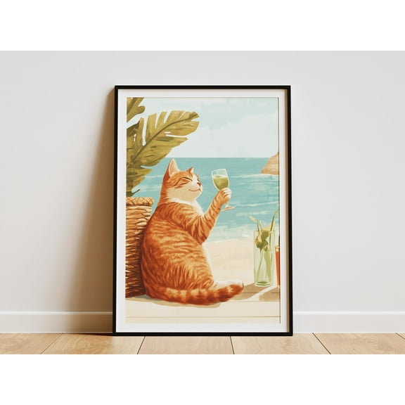 Orange Cat Beach Summer Poster Cute Kitty by the Ocean Summer Vacation Cat Print Funny Orange Tabby Coastal Pet Art Summertime Decor Beach - Poster Unframed