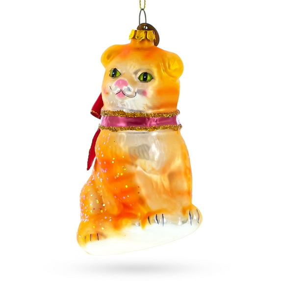 Cat with Red Scarf Glass Christmas Ornament