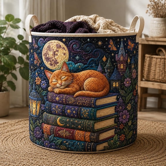 Orange Cat Book Lover Quilted Laundry Basket, Dark Academia Laundry Hamper
