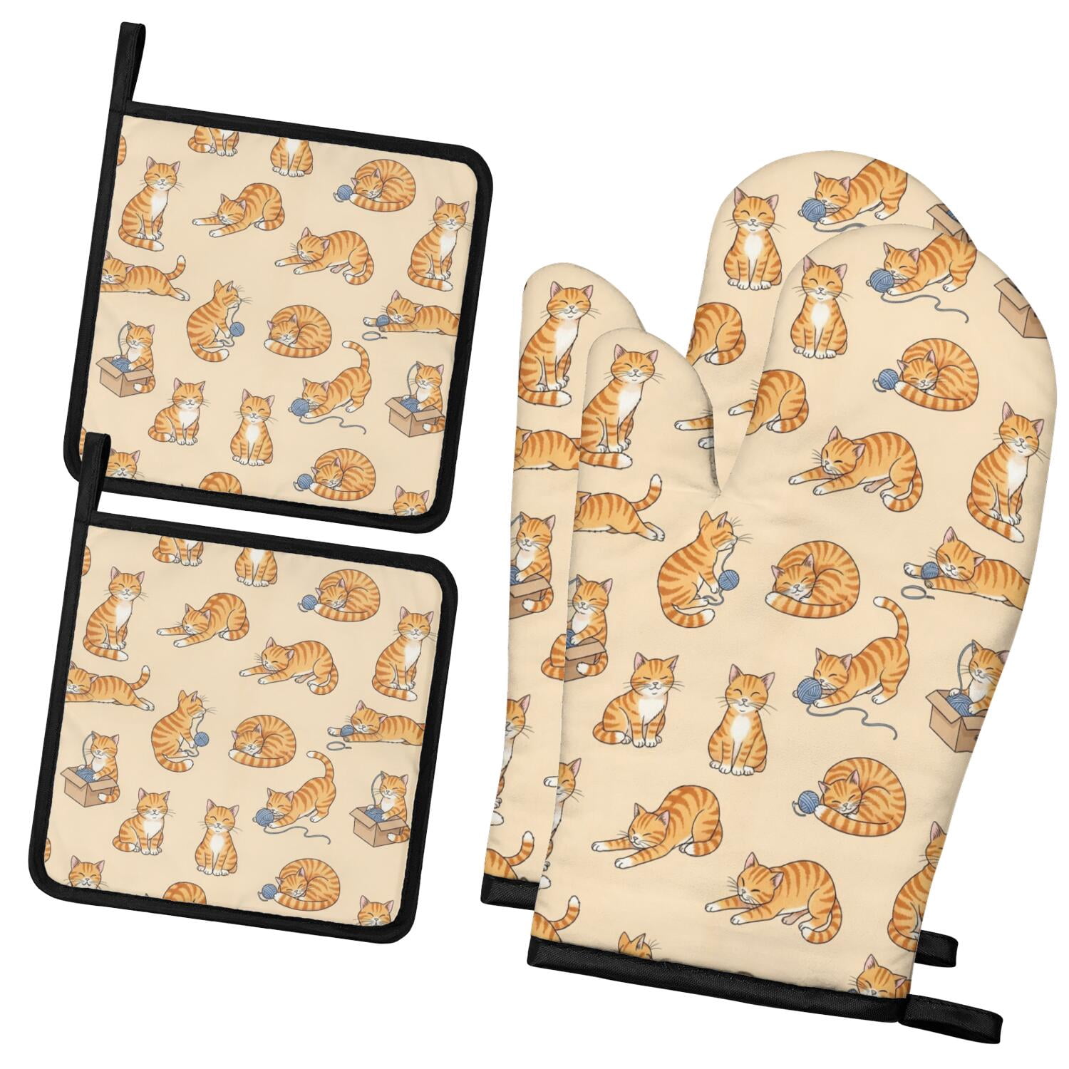 Orange Cat and Box Beige Pattern 2 Pack Oven Mitts Pot Holders Set ...