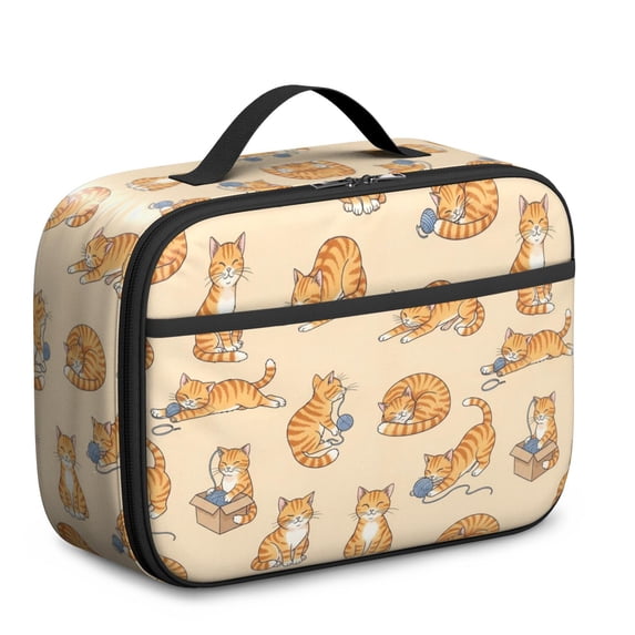 Orange Cat and Box Beige Pattern Insulated Lunch Bag Teens,Bento School Lunch Bag for Teens for Work,Picnic or Travel 10.6x7.7x4.3 Inches,12 Can Capacity
