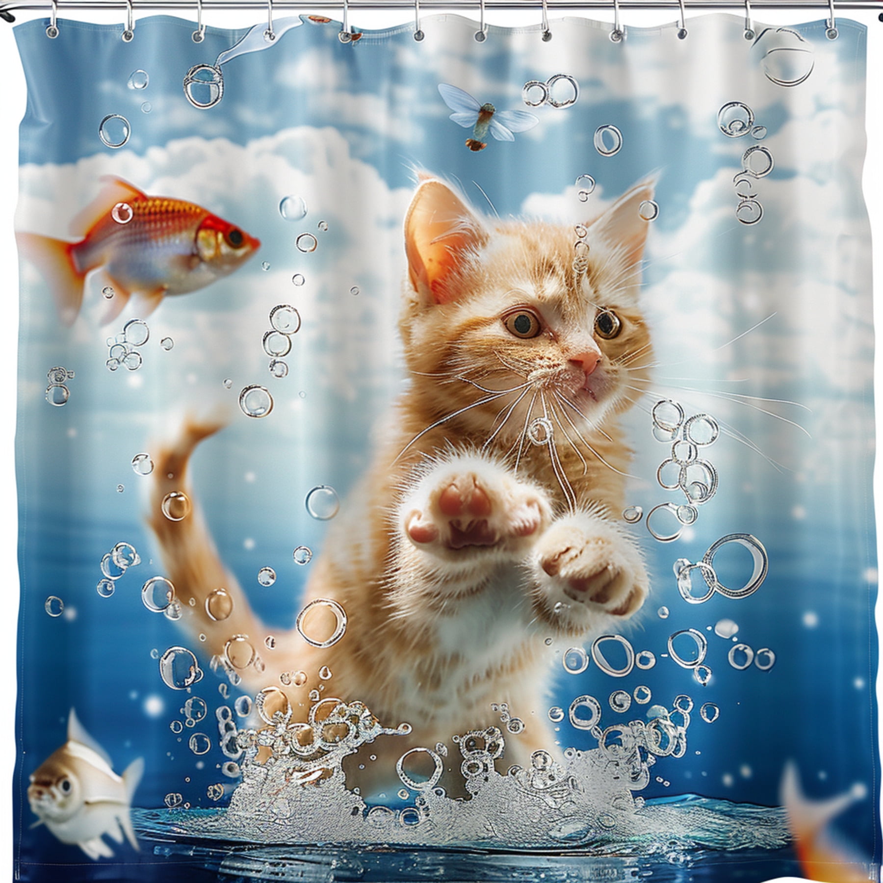 Orange Cat Chasing Fish Shower Curtain Cute Cat Design High Quality