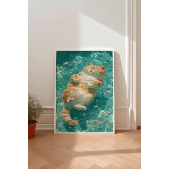 Orange Cat Floating Art Print, Whimsical Kitty UNFRAMED Poster, Wall Art for Decor, Present, 16x24