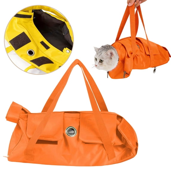 Orange Cat Grooming Restraint Bag Size S Anti Escape Breathable Net Fabric Adjustable Anti Scratch Anti Bite Cat Bath Bag for Nail Clipping Cleaning Grooming Portable