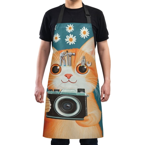 Orange Cat Holding Camera Chef Kitchen Apron with Pockets for Women Waterproof Aprons for Cooking Baking