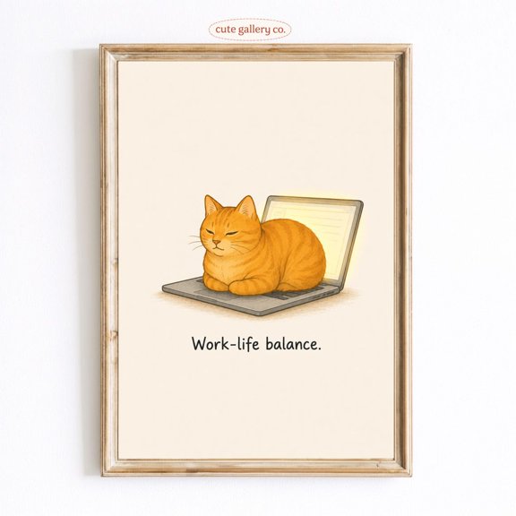 Orange Cat Laptop Work Life Wall Art Home Decor Unframed Paper Print