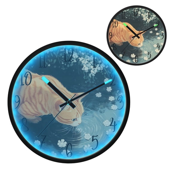 Orange Cat Luminous Wall Clock with Sound-Activated LED 12-Inch Silent Acrylic Timepiece for Bedroom Livingroom or Office