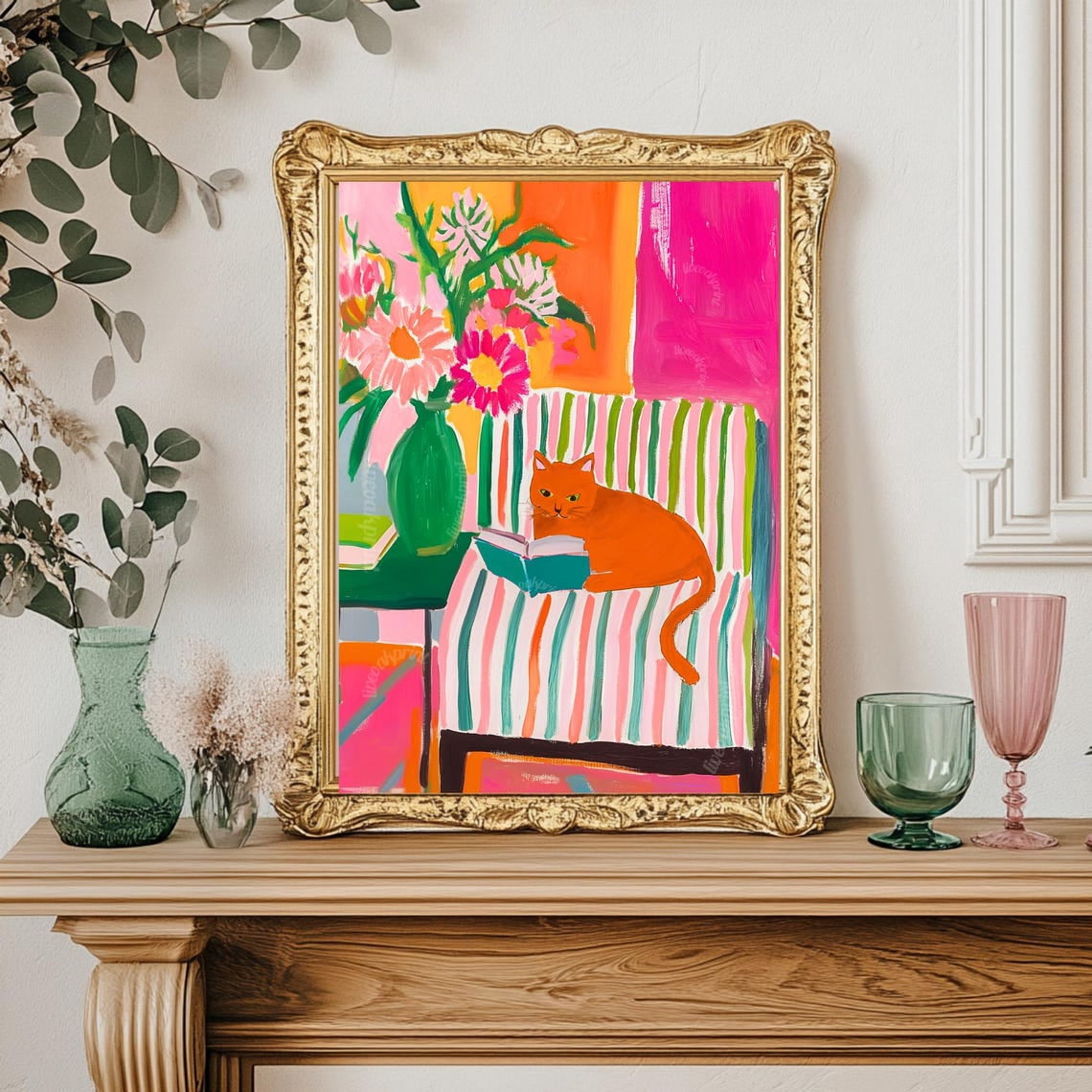 Orange Cat Reading Wall Art Print, Ginger Cozy Nook Lovers Bookish ...