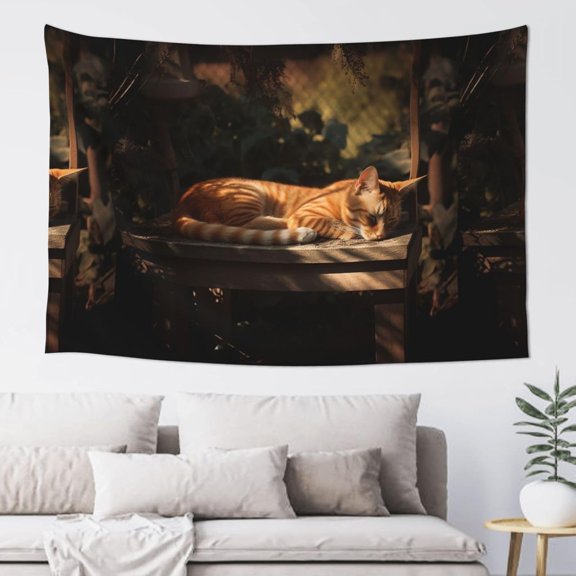 Orange Cat Sleeping Tapestry Aesthetic Wall Hanging Tapestries 60'' x 40'' Boho Tapestries Vertical Wall Art Decorative Funny Vintage Poster Flag Tapestry for Bedroom Living Room Decor