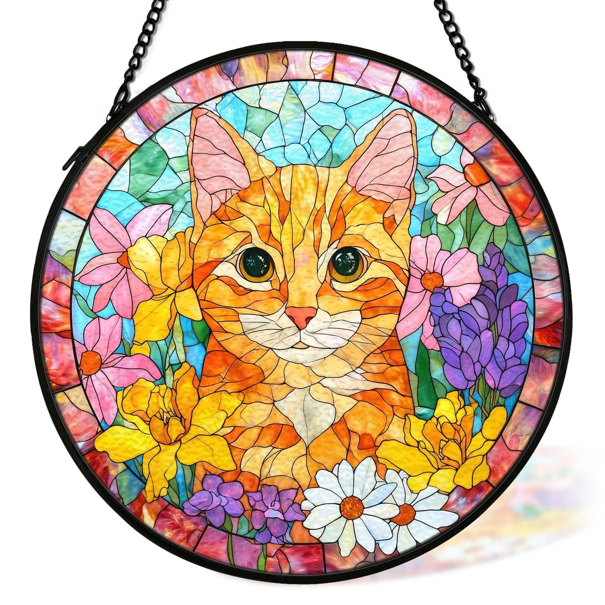 Orange Cat Stained Glass Window Hanging Decor for Lovers Sunlight ...