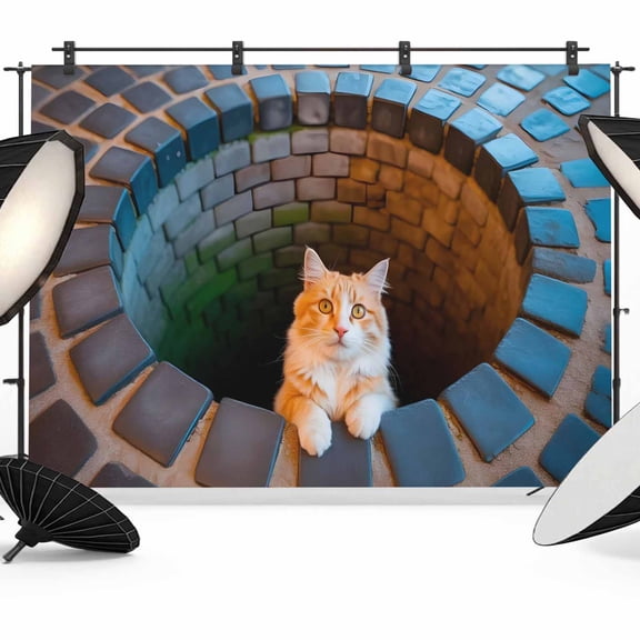 Orange Cat in Stone Well Backdrop for Photography, Abstract Furry Animals Bricks Funny Photo Backdrop Portrait Background Party Banner Photo Backgrounds for Studio Booth Props, 7x5ft