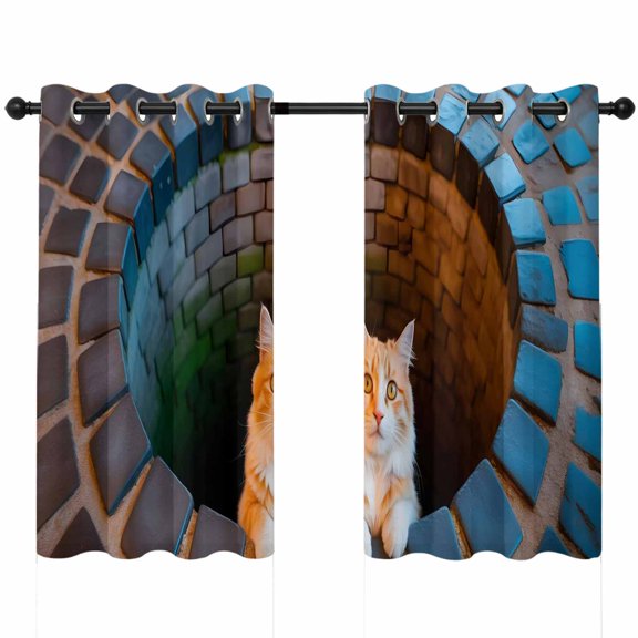 Orange Cat in Stone Well Blackout Curtains 45 Inches Long, Abstract Furry Animals Bricks Funny Thermal Insulated Room Darkening Drapes with Grommets for Living Room 42"W x 45"L, 2 Panels