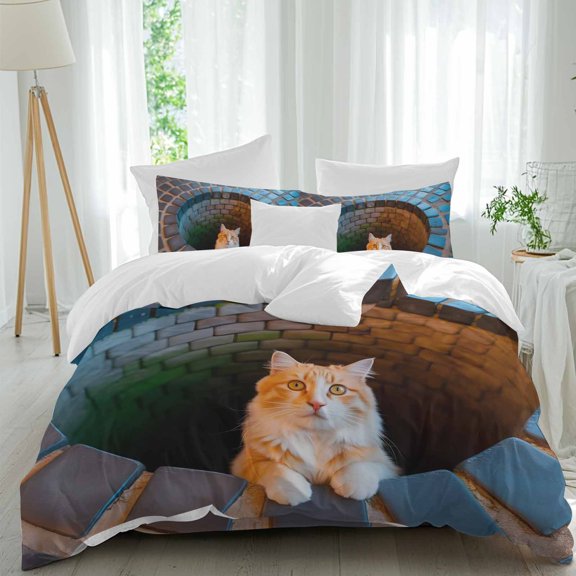 Orange Cat in Stone Well Comforter Set Full Size, Abstract Furry Animals Bricks Funny Soft Bedding Set for Man Woman, 4 Pieces Duvet Cover Set with Fitted Sheet, 2 Pillowcases